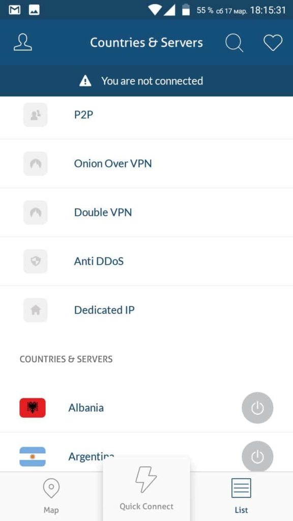 NordVPN android servers list