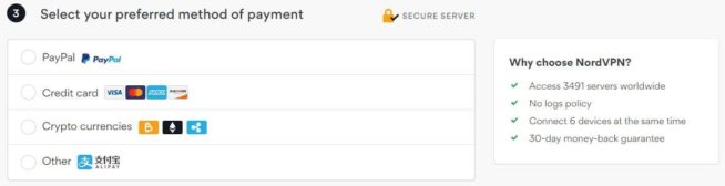 NordVPN registration - payment method