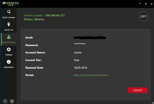 IPVanish account details