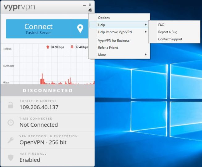 VyprVPN-appmeny