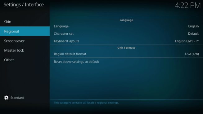 Kodi interface settings - regional