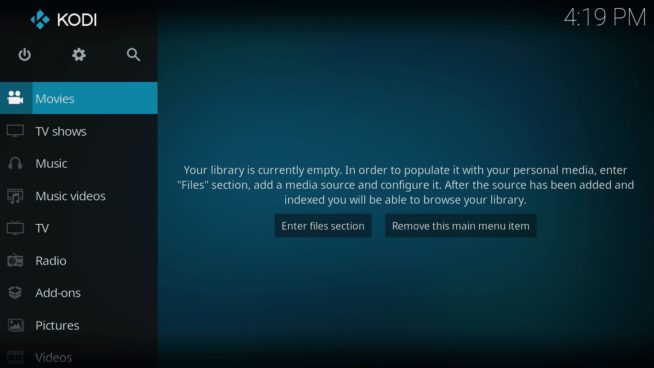 Kodi main menu