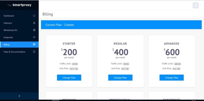 SmartProxy dashboard - billling