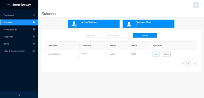 SmartProxy dashboard - subusers