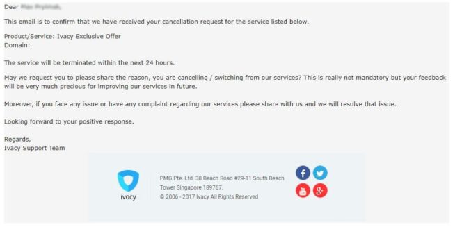 Ivacy VPN - cancel 5. email