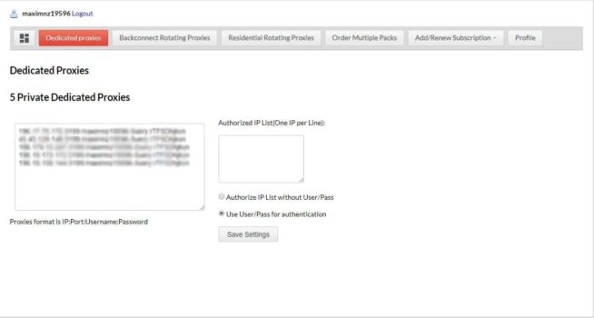 11 Storm Proxies dashboard - dedicated proxies