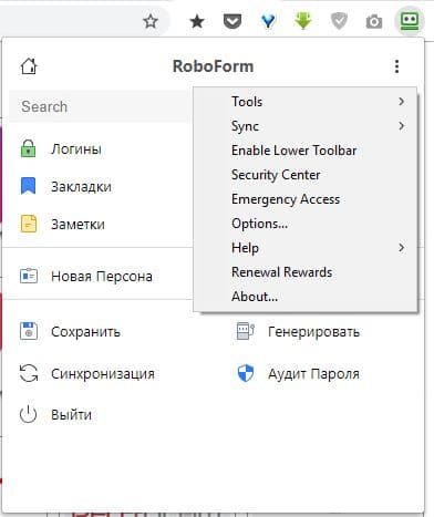 21 RoboForm Review extension menu