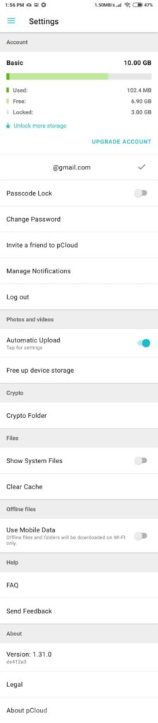 pcloud android settings