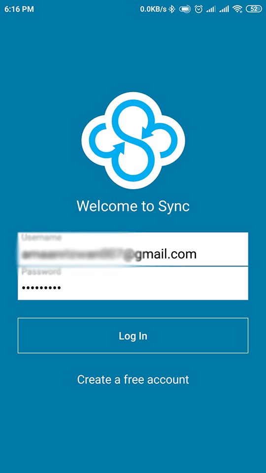 sync Smartphone Login Screen