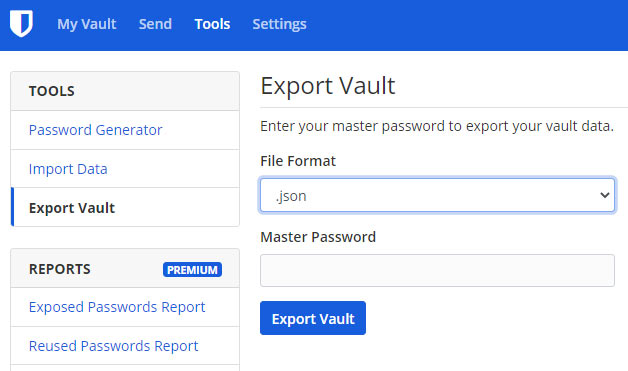 export vault bitwarden