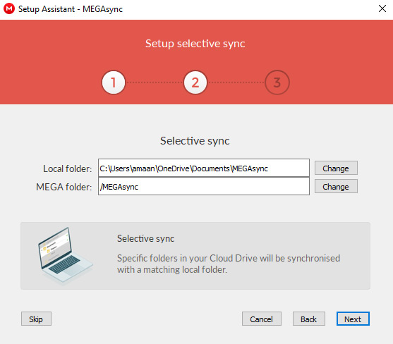 mega cloud selective sync location