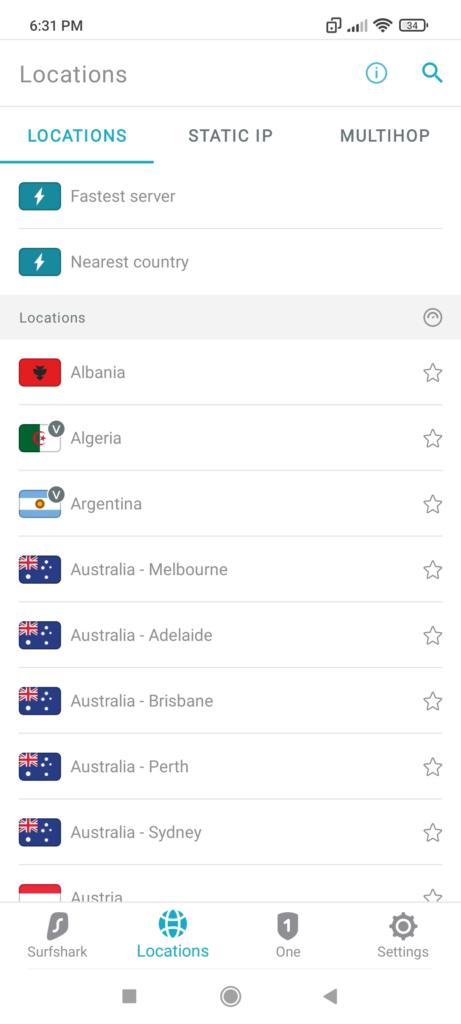 surfshark android countries
