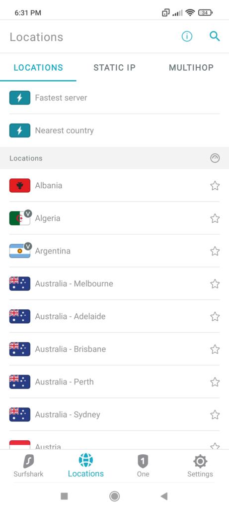 surfshark android countries