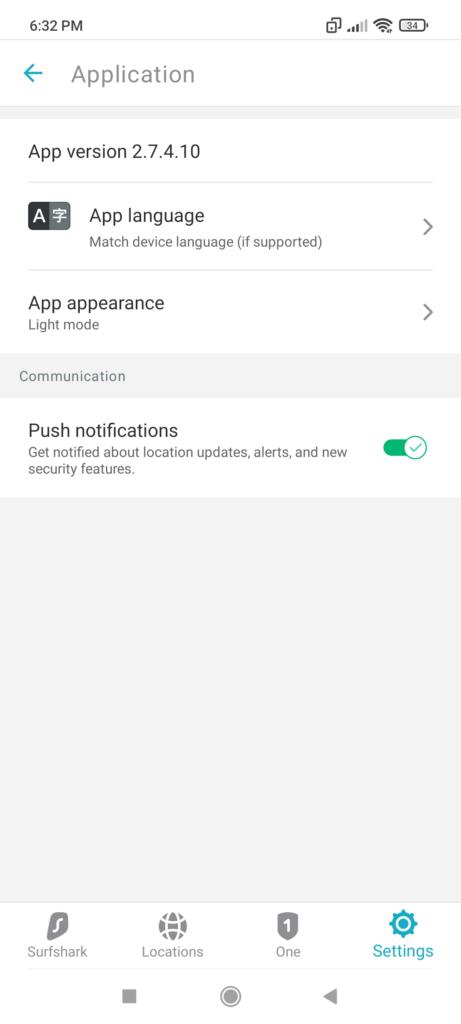 surfshark android application settings