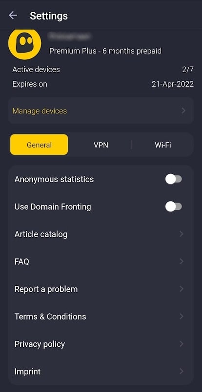 general settings cyberghostvpn