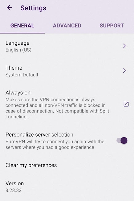 purevpn mobile app settings