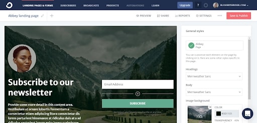 ConvertKit Landing page editor