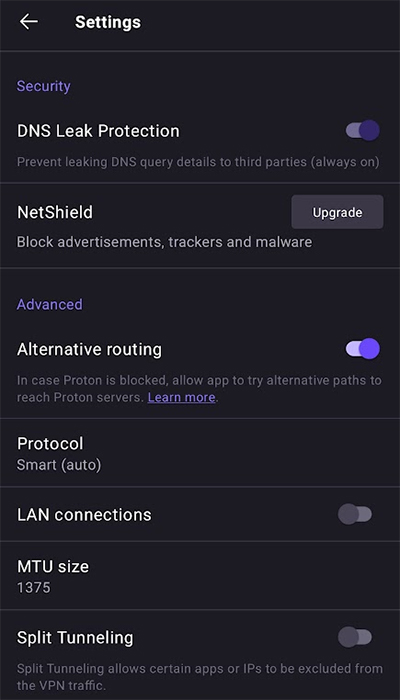 advanced settings mobil app protonvpn