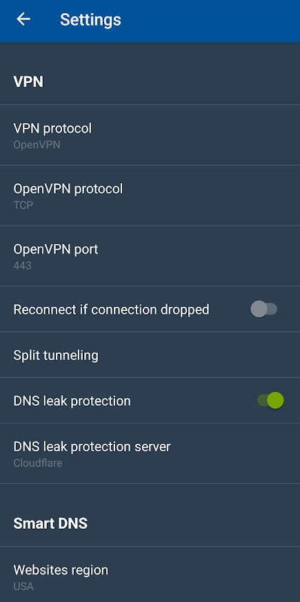 Settings CactusVPN Mobile app