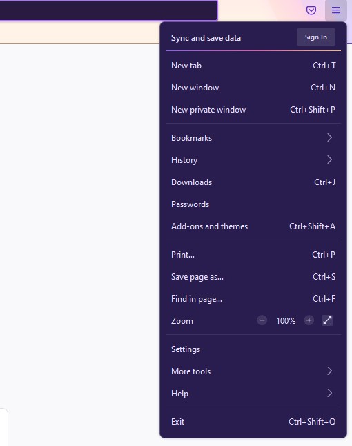 Mozilla menu